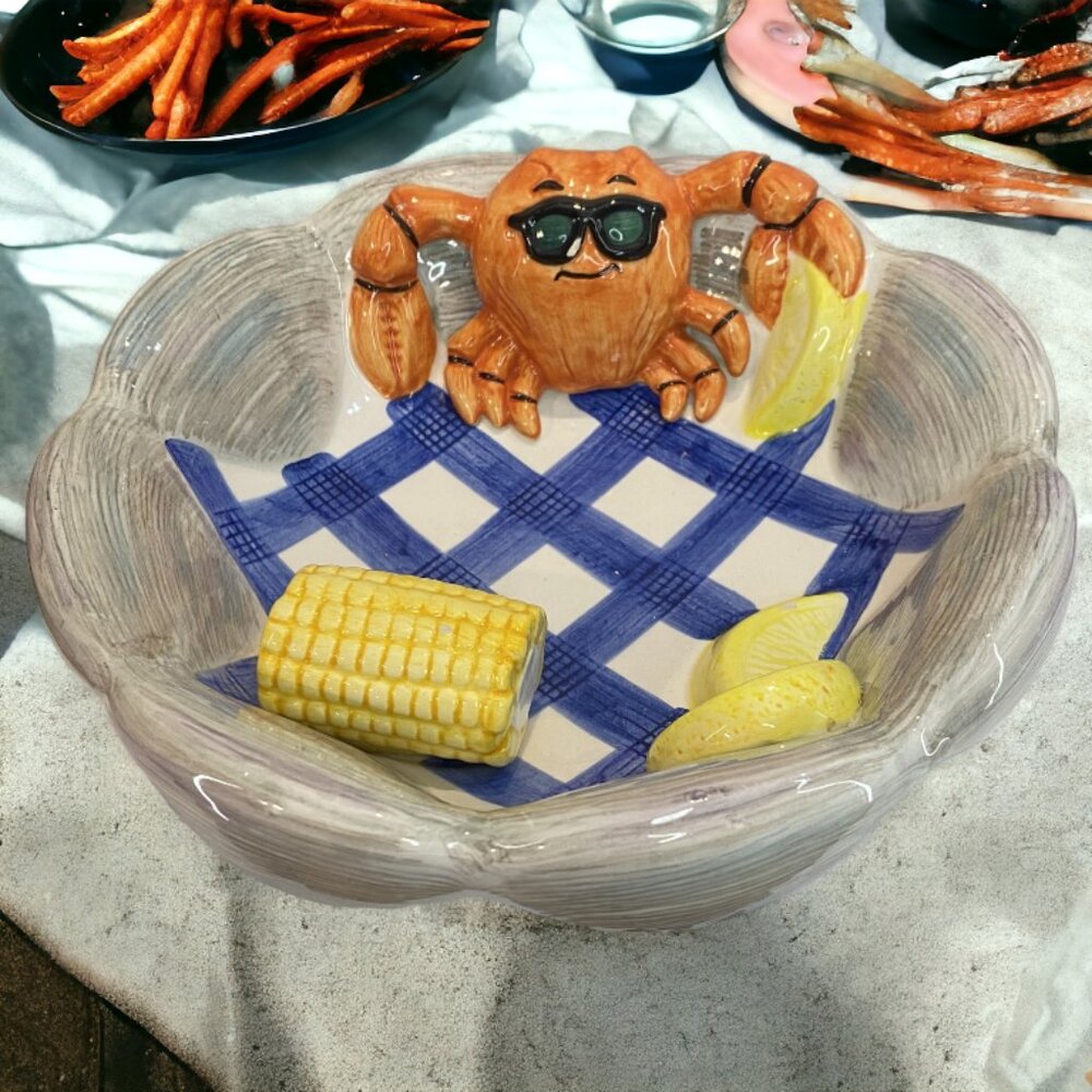 Soup/Seafood Bowls, Ceramic Crab/Corn/Lemon, Blue Bowl w/Shell Design *SET OF 3*